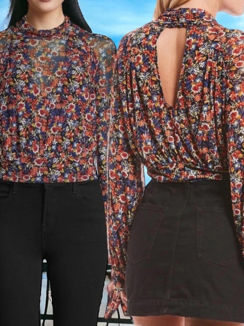 Free People Multi-Color Floral Mock Neck Long Sleeve Blouse